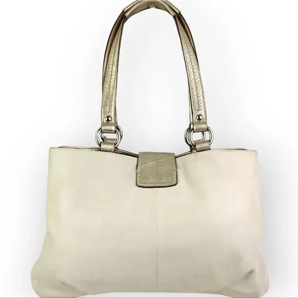 VTG COACH PEARL OFF WHITE GOLD GENUINE LEATHER SHOULDER BAG HANDBAG PURSE TOTE - Picture 4 of 13